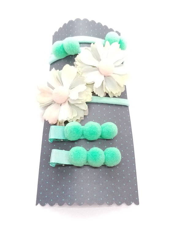 Combi clips en haarbandjes bloem roze bal groen