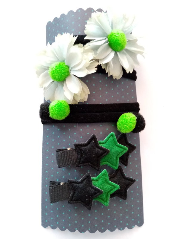 Combi clips en haarbandjes bloem bal ster groen zwart